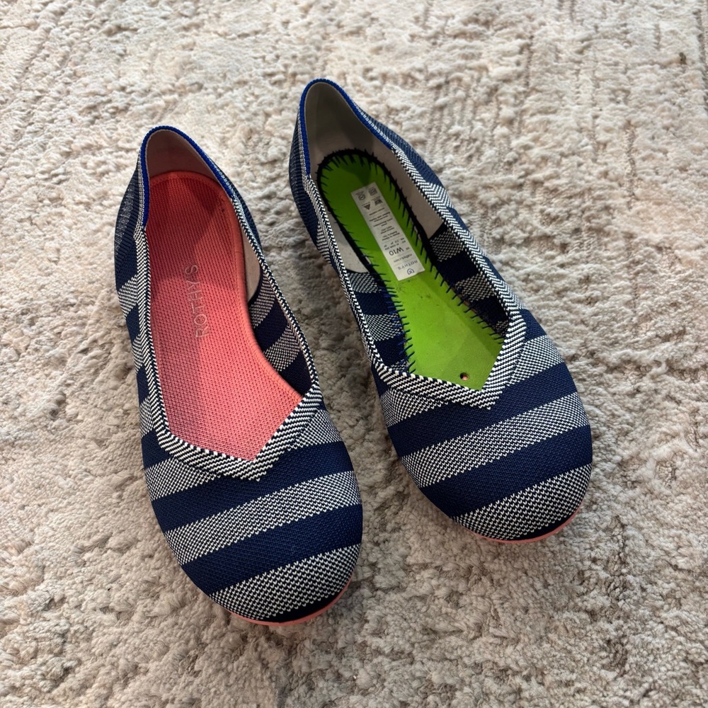 Rothy’s The Flat Striped Navy Blue White Round Toe Shoes Women’s Size 10